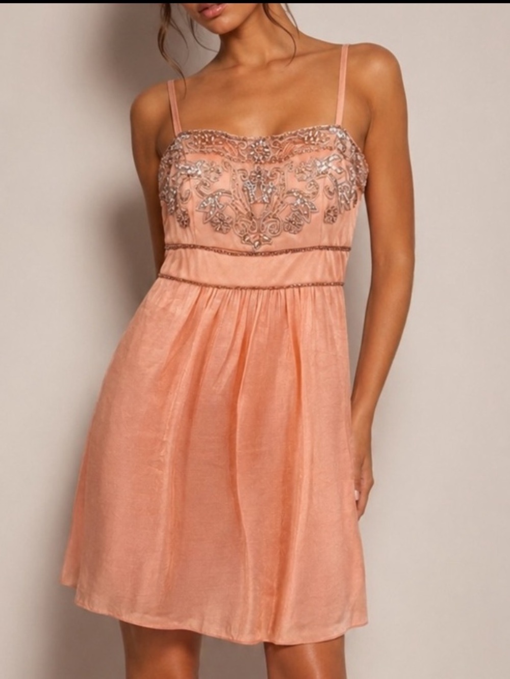Vintage Y2K Sue Wong Pink Beaded Empire Babydoll Mini Dress 2 Wedding Guest